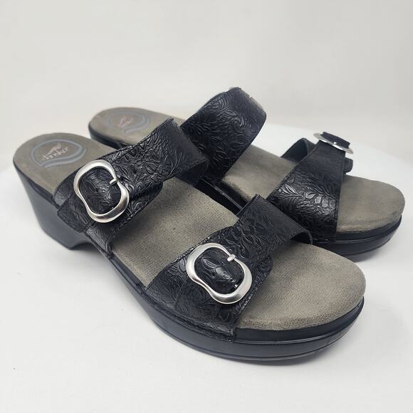 Dansko Sophie 2 Strap Sandal EU40/US9.5-10 Black Tropical Floral Emboss Leather - Picture 1 of 13